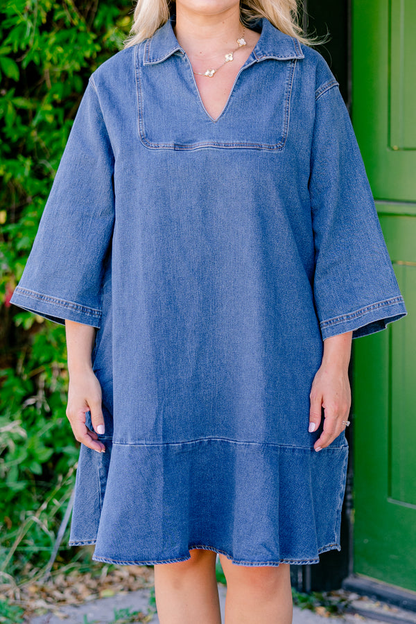 Chic Soul Plus size clothing, denim dress with half sleeves a collar and stitching details on the neckline sleeves and bottom of the dress 
