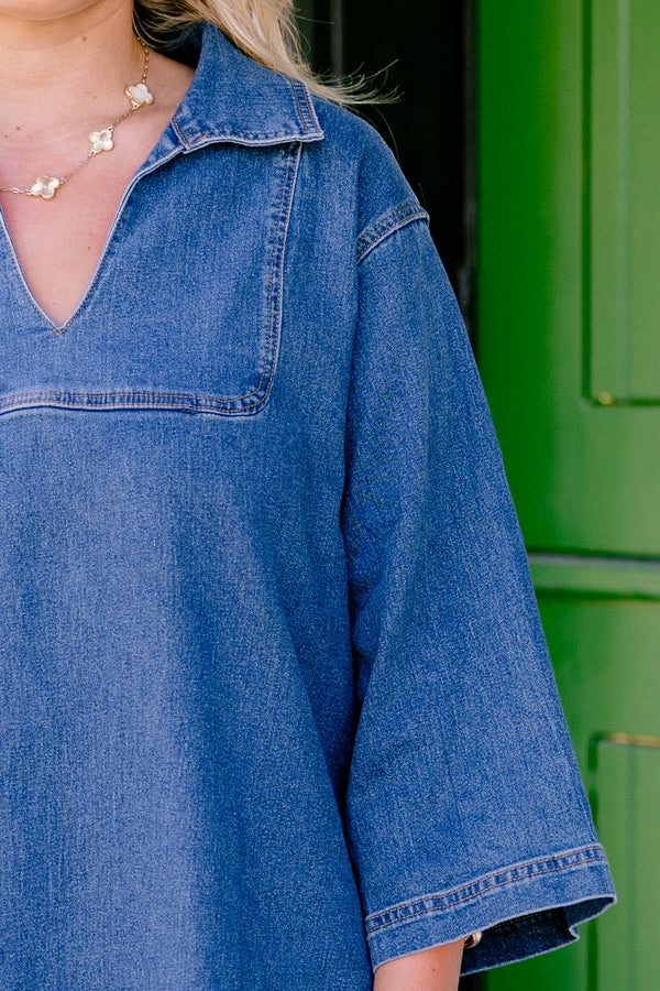 Chic Soul Plus size clothing, denim dress with half sleeves a collar and stitching details on the neckline sleeves and bottom of the dress 
