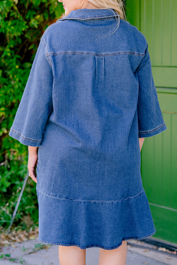 Chic Soul Plus size clothing, denim dress with half sleeves a collar and stitching details on the neckline sleeves and bottom of the dress 
