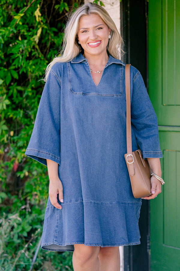 Chic Soul Plus size clothing, denim dress with half sleeves a collar and stitching details on the neckline sleeves and bottom of the dress 
