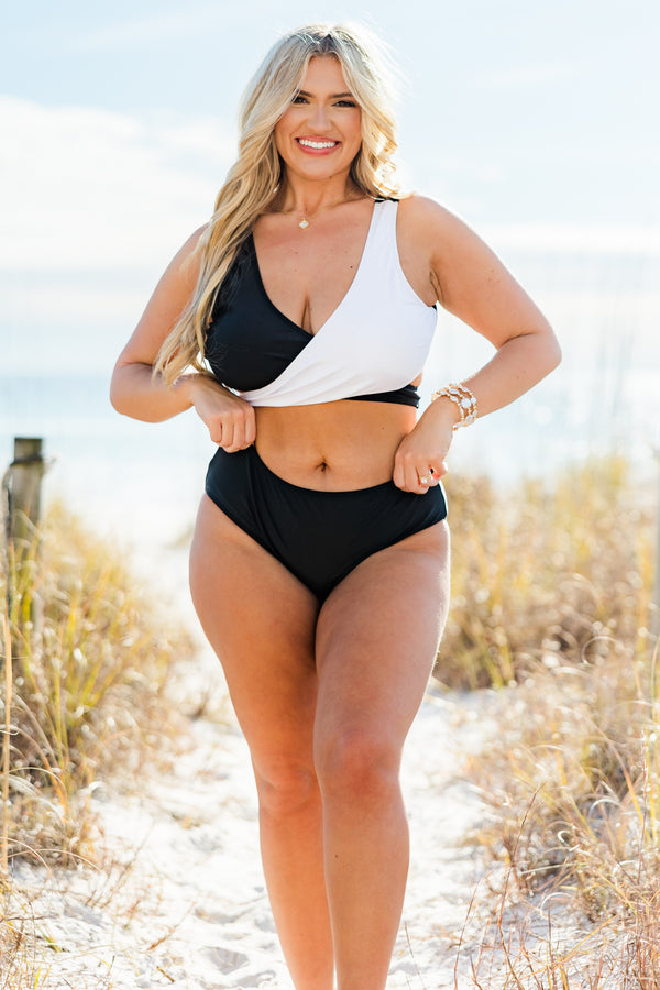 Chic Soul Plus size clothing, Black and white triangle style swim top with a tie in the back 