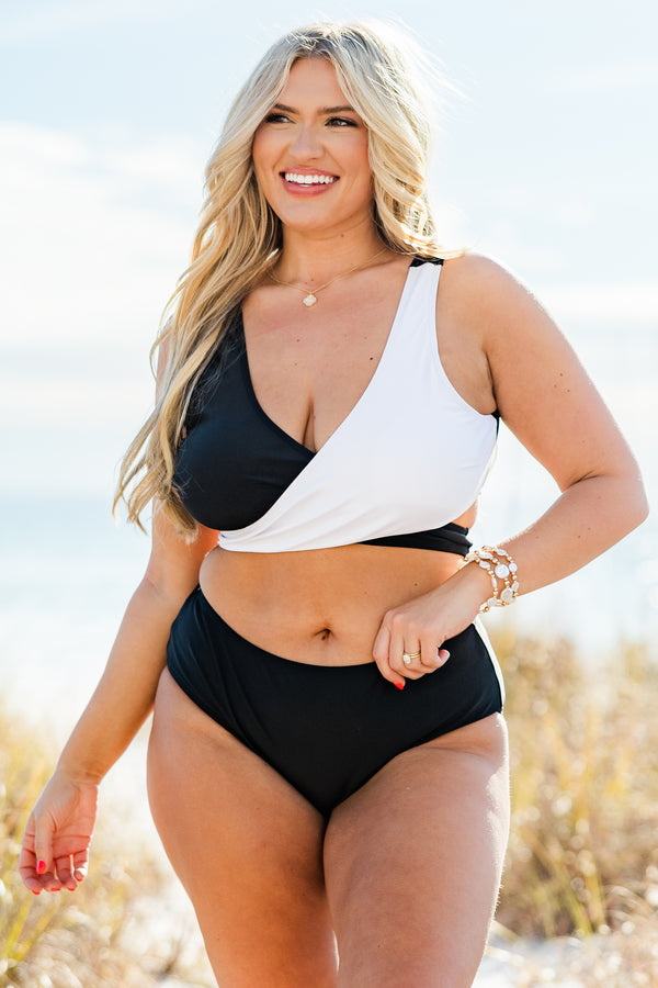 Chic Soul Plus size clothing, Black and white triangle style swim top with a tie in the back 