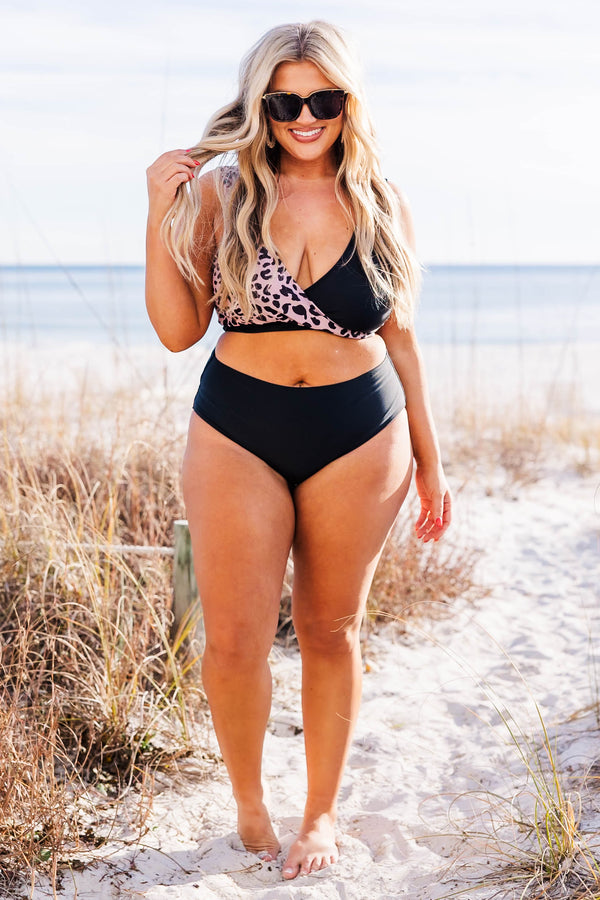 Chic Soul plus size clothing, black and leopard bikini top with cross detail on front