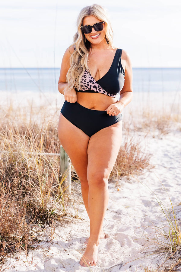 Chic Soul plus size clothing, black and leopard bikini top with cross detail on front