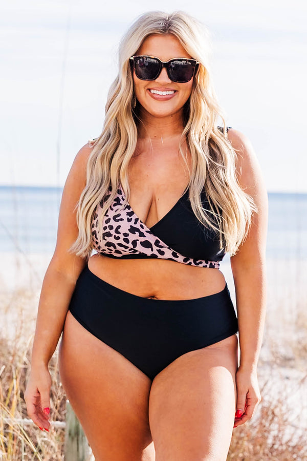 Chic Soul plus size clothing, black and leopard bikini top with cross detail on front