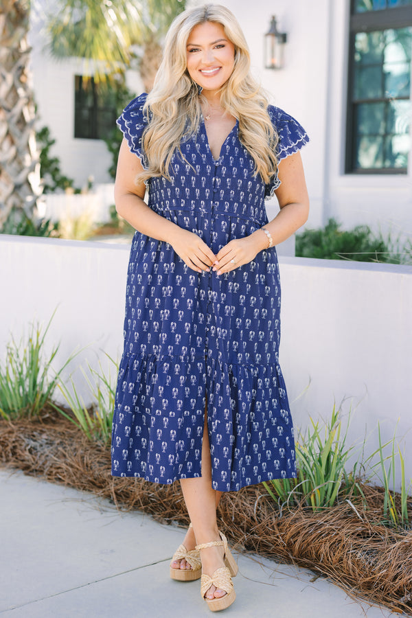 Chic Soul plus size clothing, navy maxi dress with a white lobster pattern and flitter sleeves that have a white scalloped stitching detail at the ends of the sleeves  