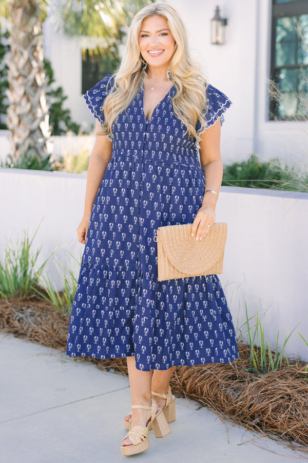 Chic Soul plus size clothing, navy maxi dress with a white lobster pattern and flitter sleeves that have a white scalloped stitching detail at the ends of the sleeves  