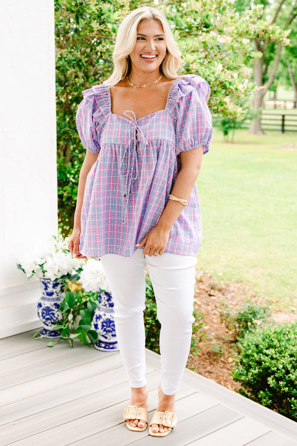 Chic Soul plus size clothing, light indigo and hot pink small plaid short-bubble sleeve sweetheart neckline casual top with string ties along neckline and ruffles at top of sleeves