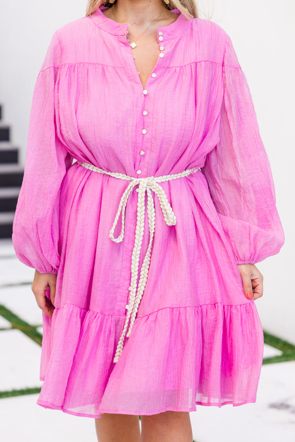 Chic Soul plus size clothing, ballon-long-sleeve pink button down linen dress with ruffled detailing and a removable sash on the waistline