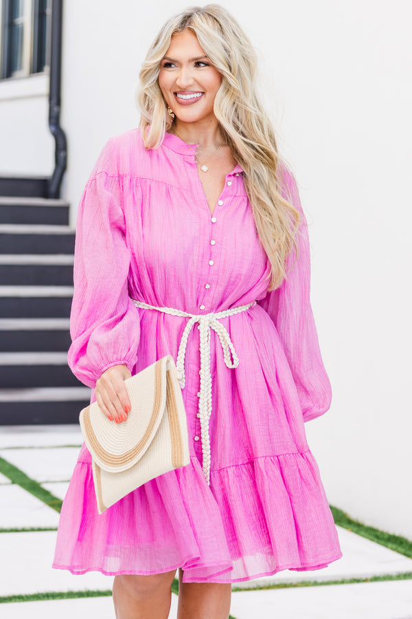 Chic Soul plus size clothing, ballon-long-sleeve pink button down linen dress with ruffled detailing and a removable sash on the waistline