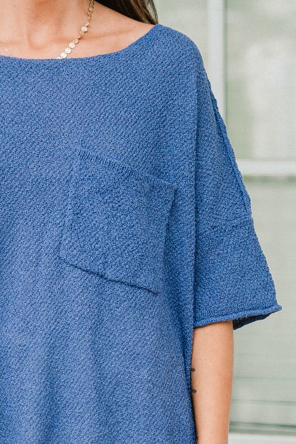 Chic Soul plus size clothing, denim blue knit sweater short sleeve top with chest pocket