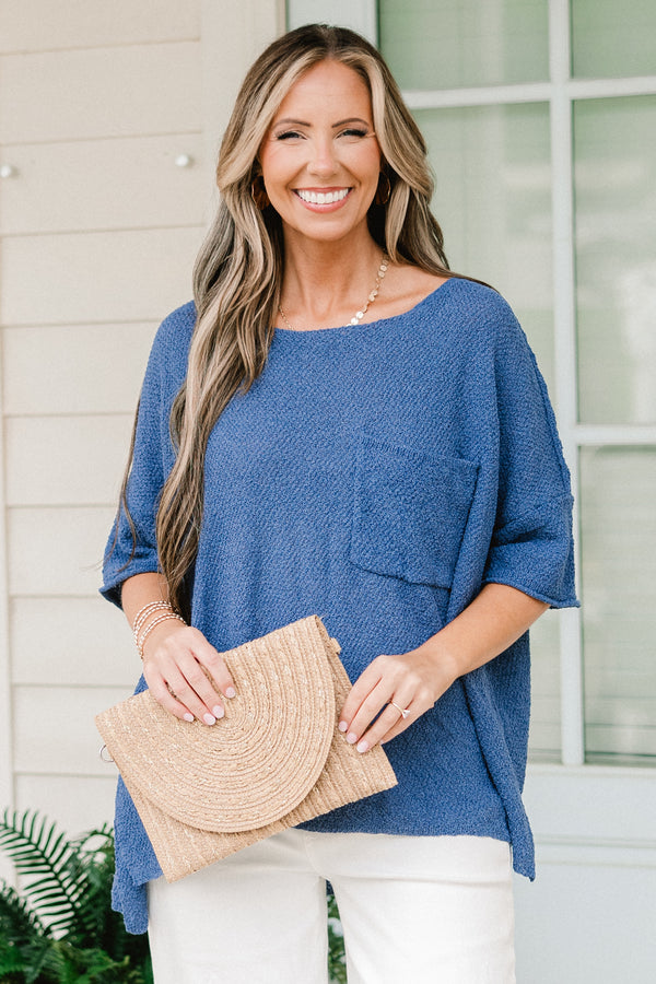 Chic Soul plus size clothing, denim blue knit sweater short sleeve top with chest pocket
