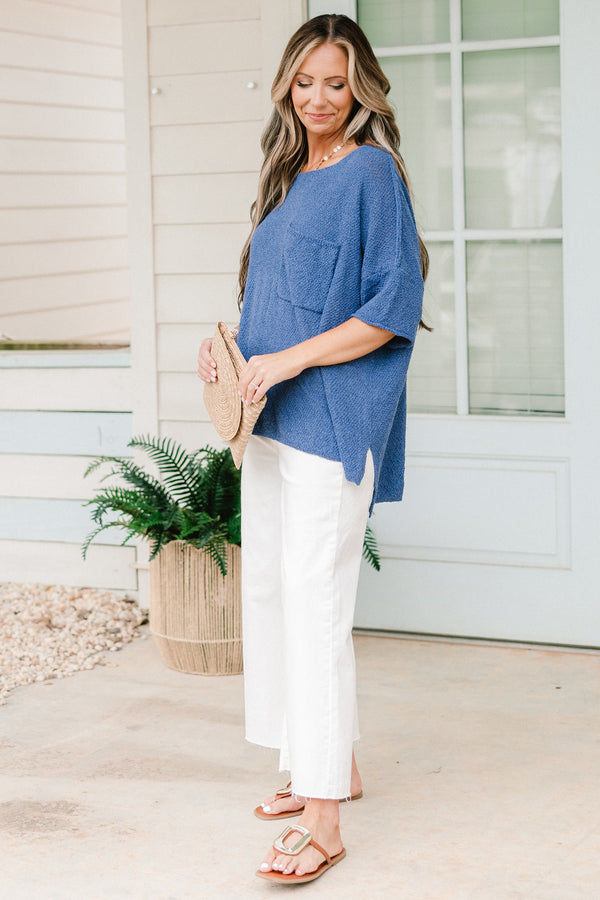 Chic Soul plus size clothing, denim blue knit sweater short sleeve top with chest pocket