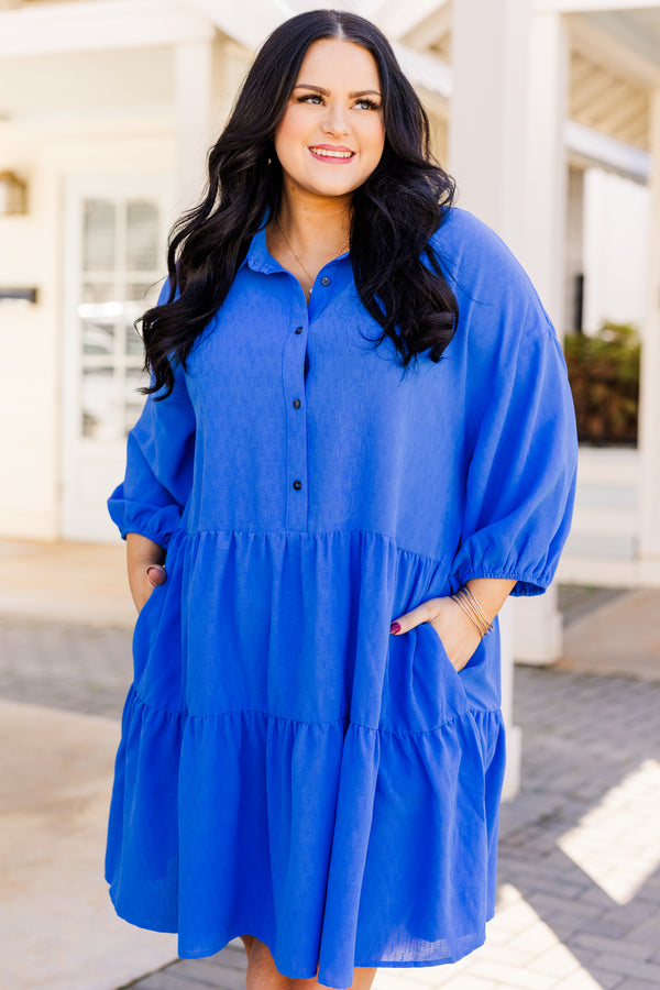 Chic Soul plus size clothing, long sleeve blue mini dress with button up detail with collar