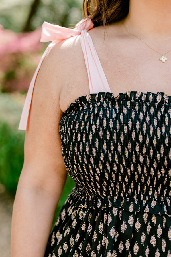 Chic Soul plus size clothing, sleeveless solid white tied bow straps with a black ruffled tiered midi dress with a smocked bodice and a subtle abstract pattern