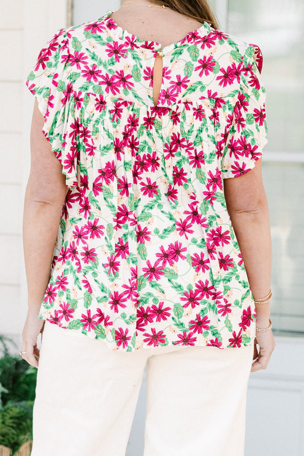 Chic Soul plus size clothing, short-sleeve ivory top with a subtle mock neck and a pink and green floral pattern 