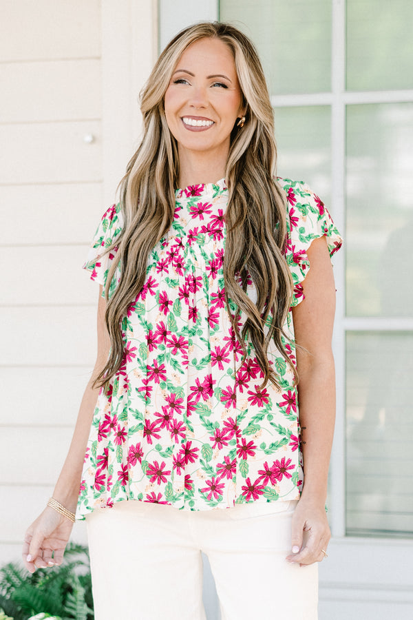 Chic Soul plus size clothing, short-sleeve ivory top with a subtle mock neck and a pink and green floral pattern 
