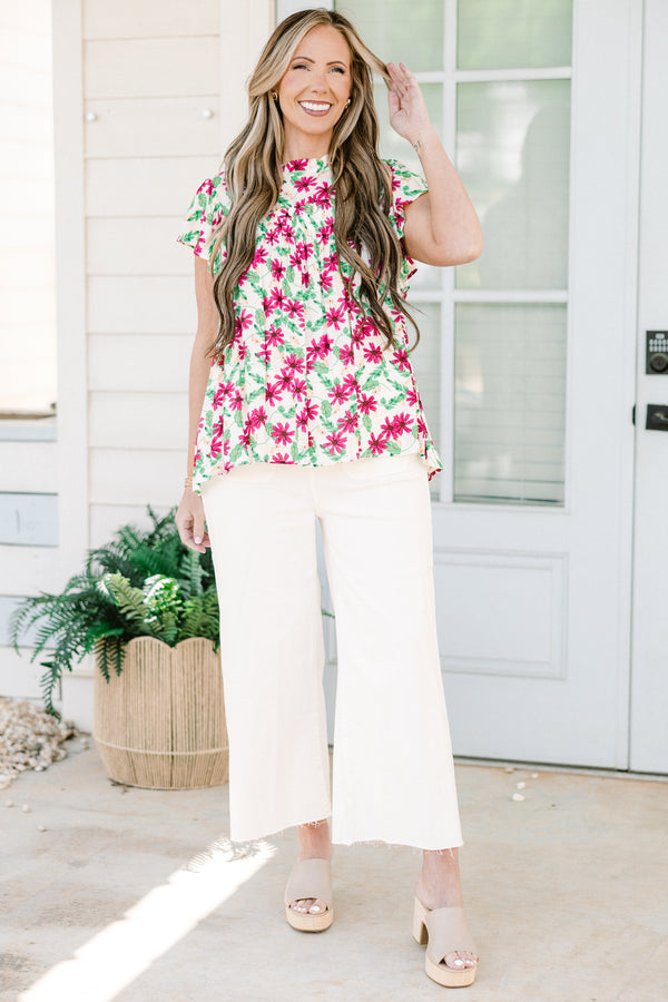 Chic Soul plus size clothing, short-sleeve ivory top with a subtle mock neck and a pink and green floral pattern 