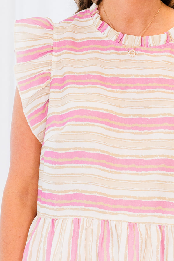 Chic Soul plus size clothing, pink, cream, and white striped babydoll top with ruffled neck and ruffled short sleeves