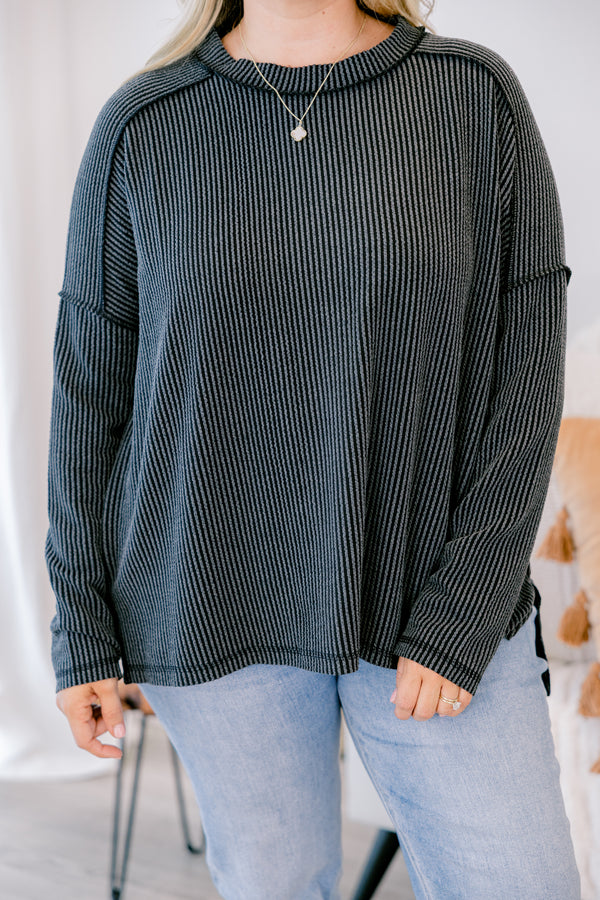 Chic Soul plus size clothing, charcoal grey and black striped long sleeve top