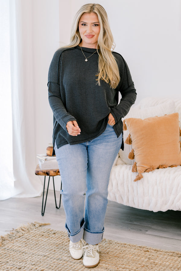Chic Soul plus size clothing, charcoal grey and black striped long sleeve top