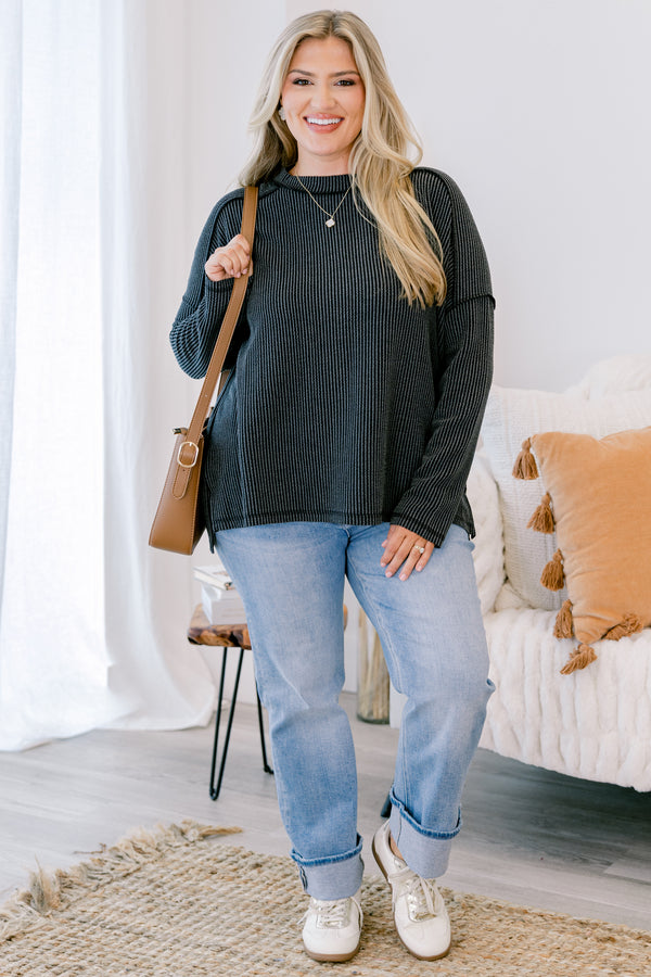 Chic Soul plus size clothing, charcoal grey and black striped long sleeve top