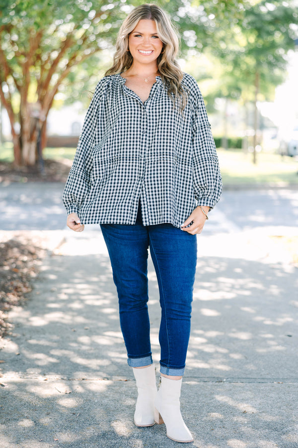 Plus Size black and white gingham button-down top with long sleeves and a relaxed cotton fit.
