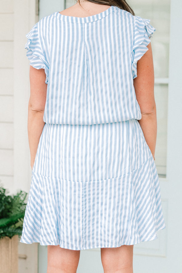 Chic Soul plus size clothing, short-flutter-sleeve blue and white striped dress with a split-v-neckline and a waist tie 