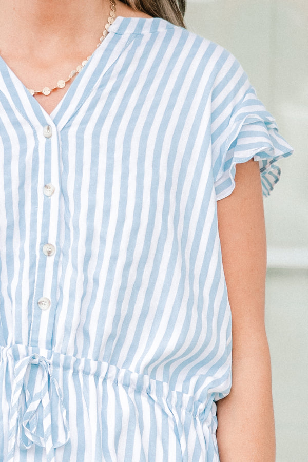 Chic Soul plus size clothing, short-flutter-sleeve blue and white striped dress with a split-v-neckline and a waist tie 