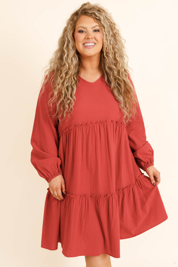 Chic Soul plus size clothing, red short length dress with long sleeves and a slight v neck and ruffle details