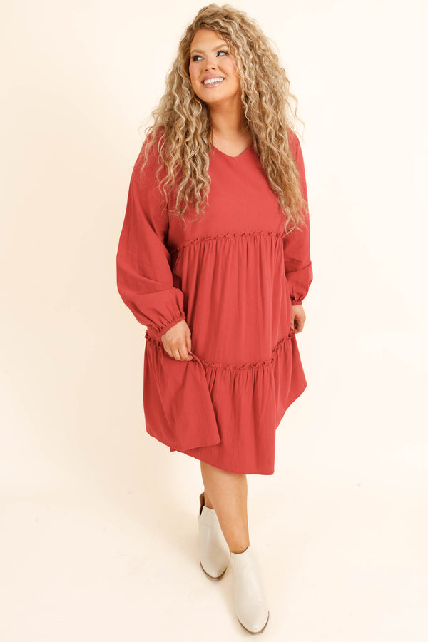 Chic Soul plus size clothing, red short length dress with long sleeves and a slight v neck and ruffle details