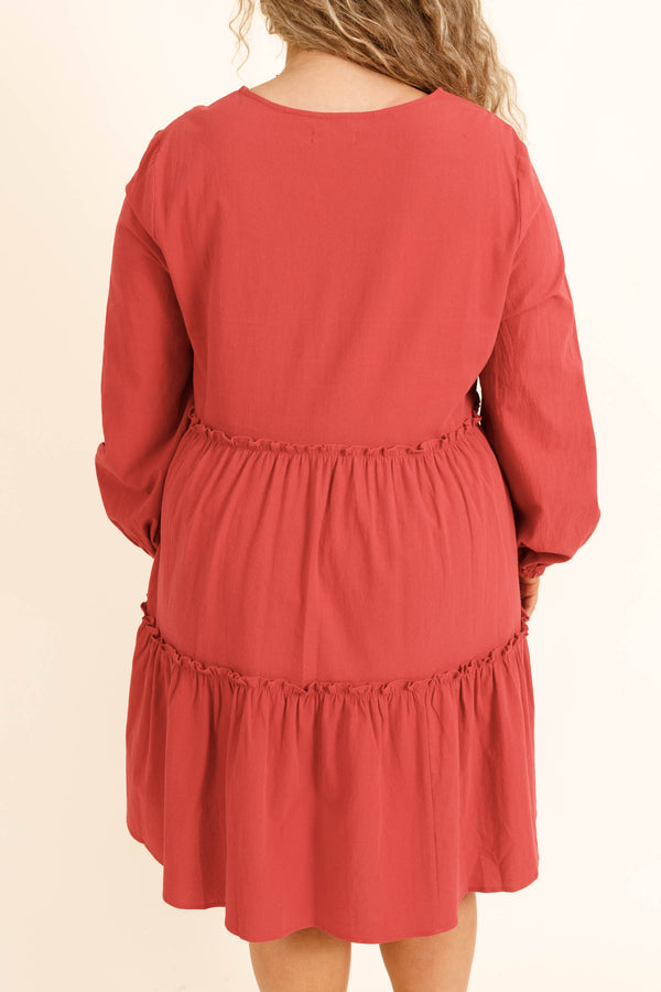 Chic Soul plus size clothing, red short length dress with long sleeves and a slight v neck and ruffle details
