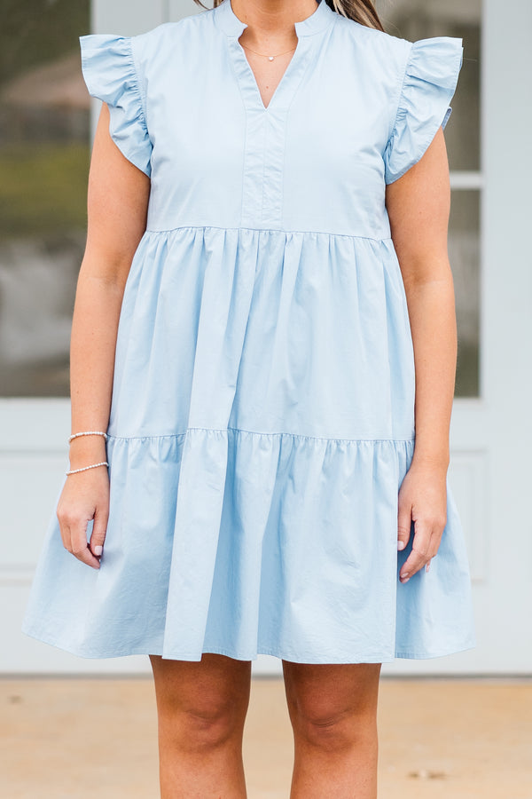 Chic Soul plus size clothing, blue tiered mini dress with v cutout along neckline with ruffle sleeves
