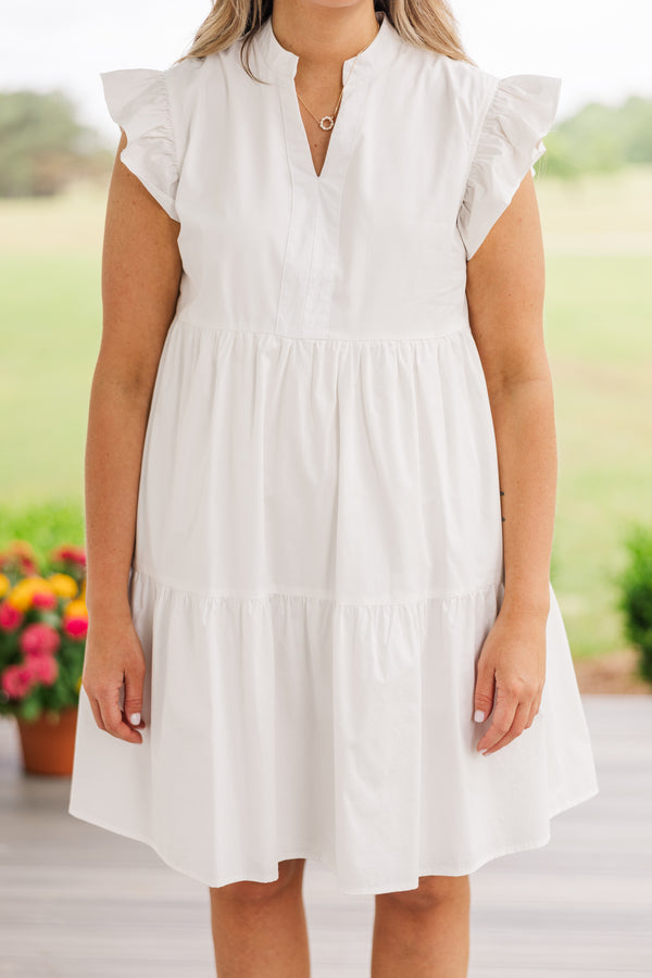 Chic Soul plus size clothing, short sleeve white ruffled baby doll dress with high v-neckline and ruffled sleeves