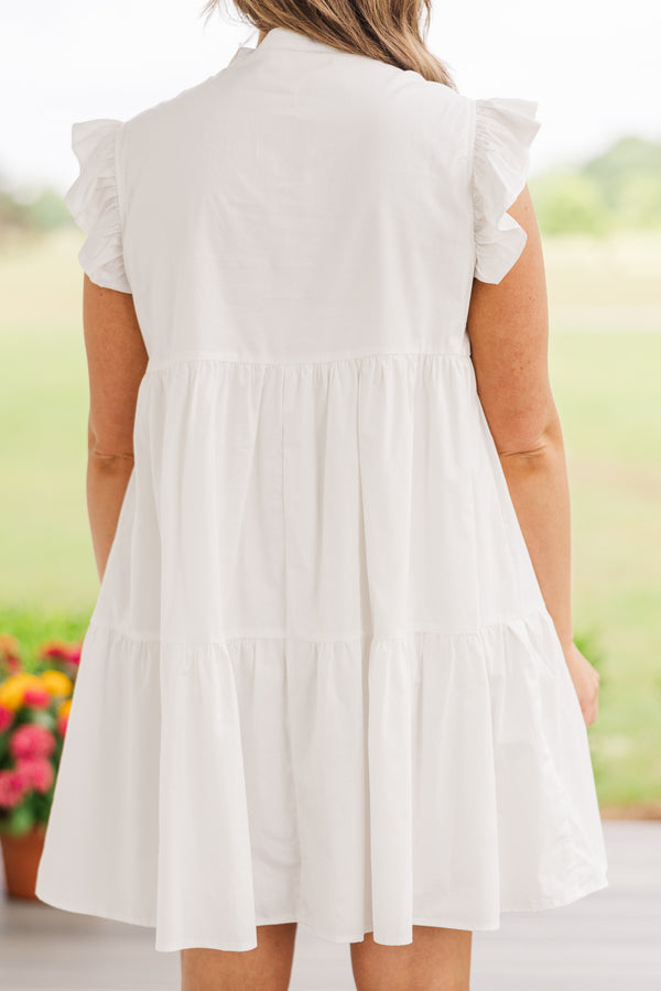 Chic Soul plus size clothing, short sleeve white ruffled baby doll dress with high v-neckline and ruffled sleeves