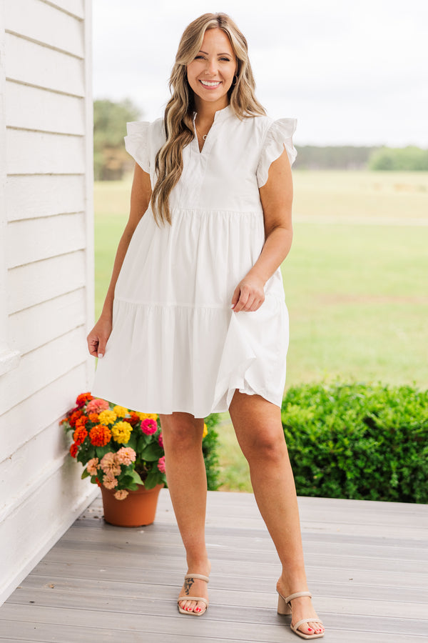 Chic Soul plus size clothing, short sleeve white ruffled baby doll dress with high v-neckline and ruffled sleeves