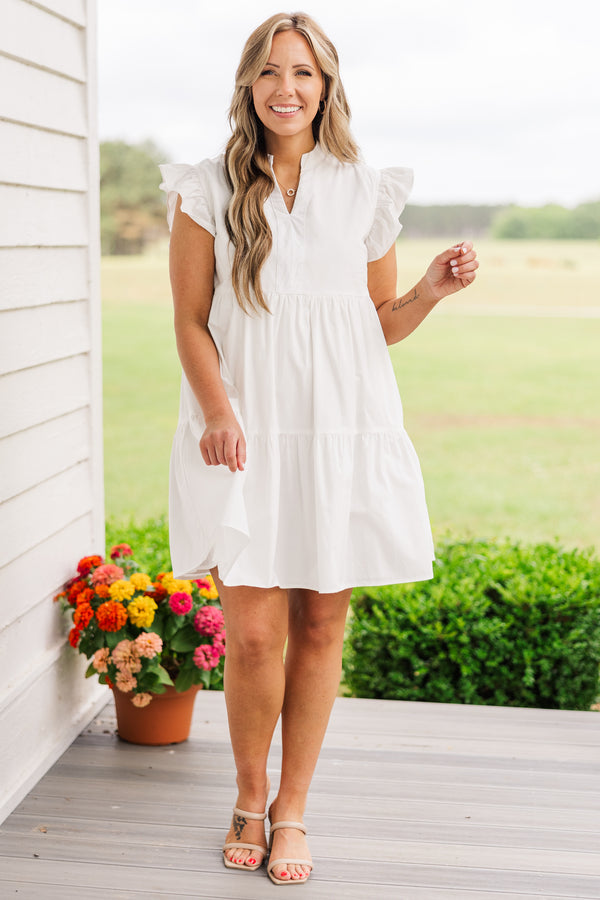 Chic Soul plus size clothing, short sleeve white ruffled baby doll dress with high v-neckline and ruffled sleeves
