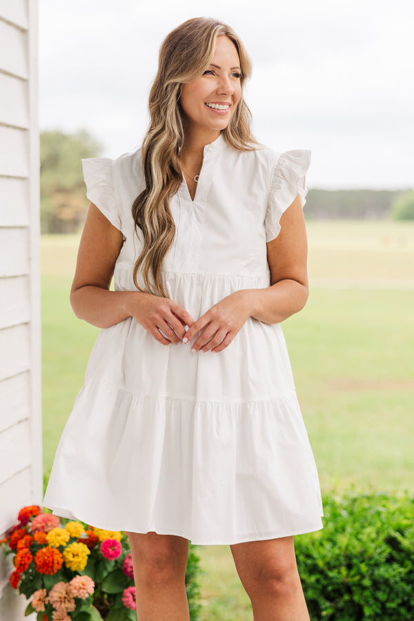 Chic Soul plus size clothing, short sleeve white ruffled baby doll dress with high v-neckline and ruffled sleeves
