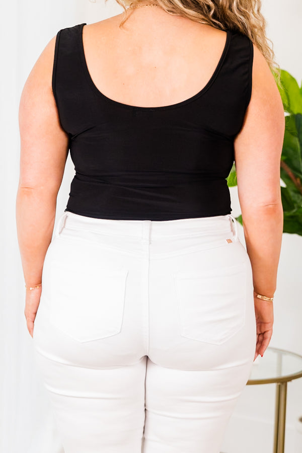 Chic Soul plus size clothing, black thick strap sleeveless bodysuit with scoop neckline
