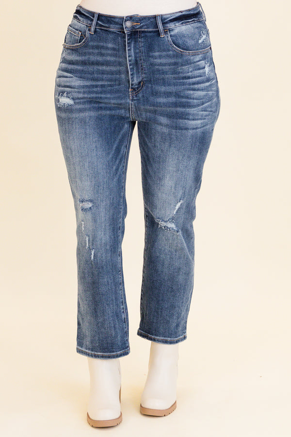 Chic Soul plus size clothing, medium wash straight leg jeans with light holes/distressing on knees with stitched hem
