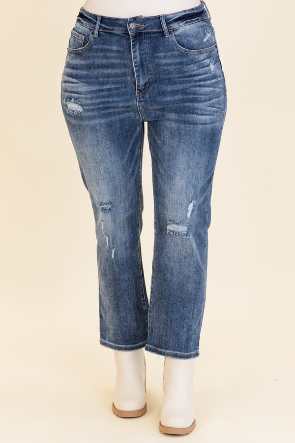 Chic Soul plus size clothing, medium wash straight leg jeans with light holes/distressing on knees with stitched hem