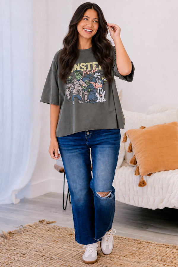 Chic Soul plus size clothing, dark grey oversized slightly cropped tee with 