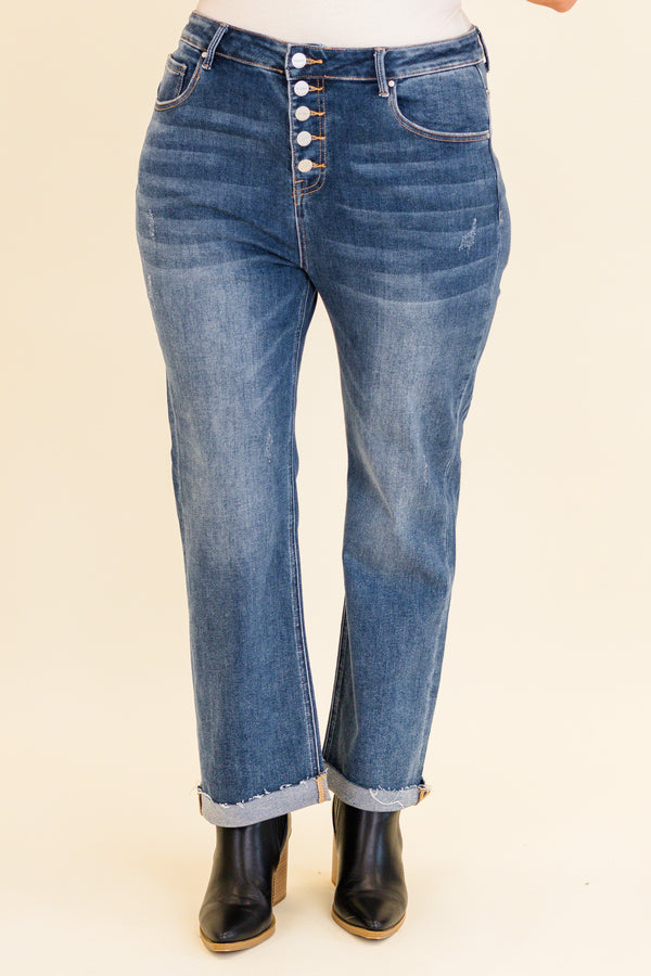 Chic Soul plus size clothing, dark wash straight leg denim jeans with raw hem at the bottom with no holes or distressing and 5 button up detail