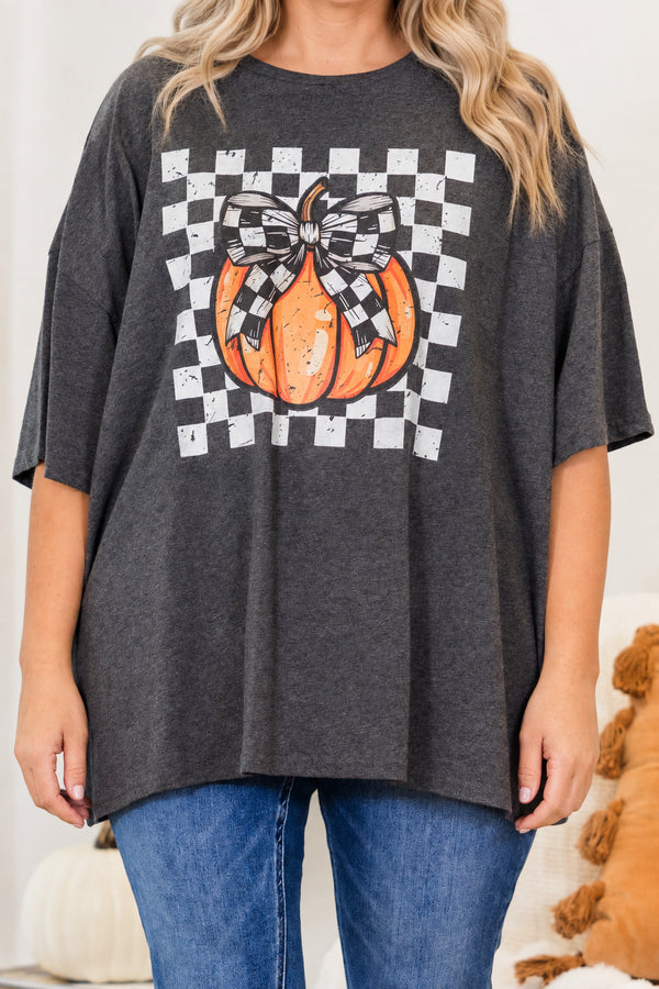 Chic Soul plus size clothing, charcoal short sleeve boyfriend tee with checkered graphic with orange pumpkin with checkered bow detail