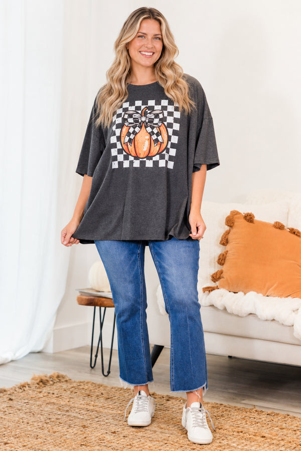 Chic Soul plus size clothing, charcoal short sleeve boyfriend tee with checkered graphic with orange pumpkin with checkered bow detail