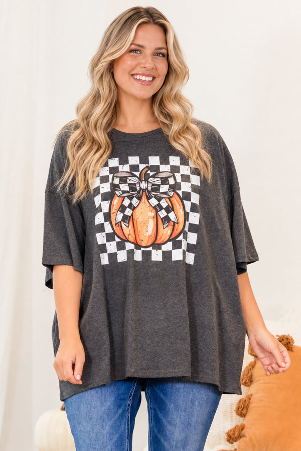 Chic Soul plus size clothing, charcoal short sleeve boyfriend tee with checkered graphic with orange pumpkin with checkered bow detail