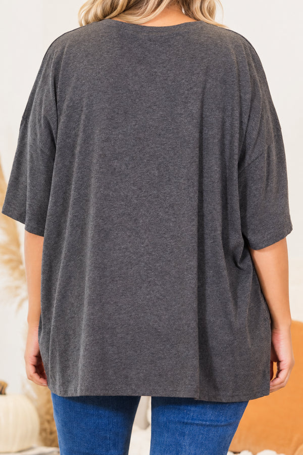 Chic Soul plus size clothing, charcoal short sleeve boyfriend tee with checkered graphic with orange pumpkin with checkered bow detail