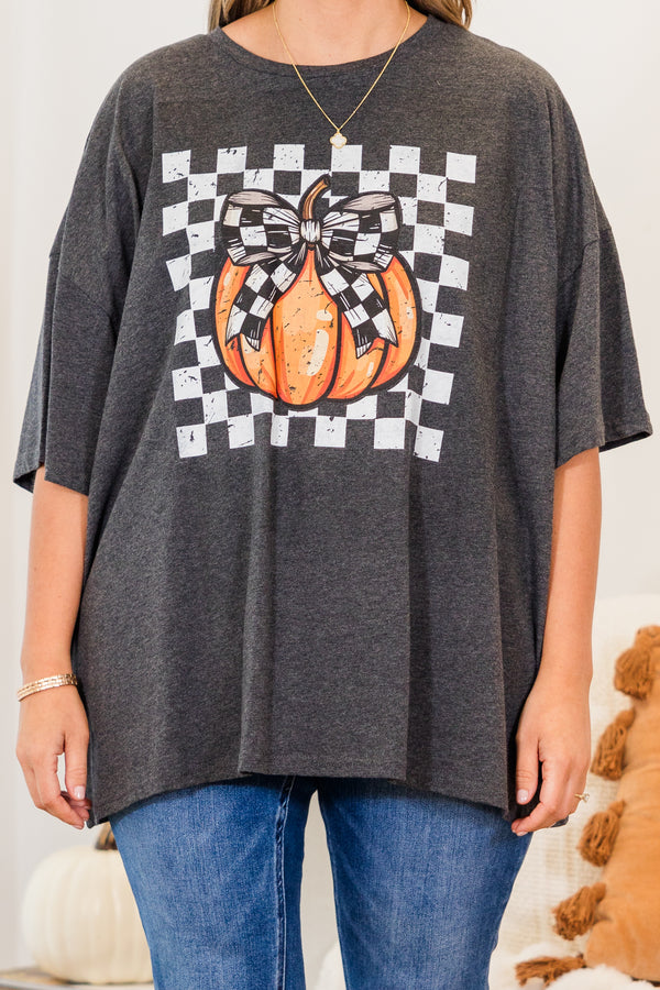 Chic Soul plus size clothing, charcoal short sleeve boyfriend tee with checkered graphic with orange pumpkin with checkered bow detail
