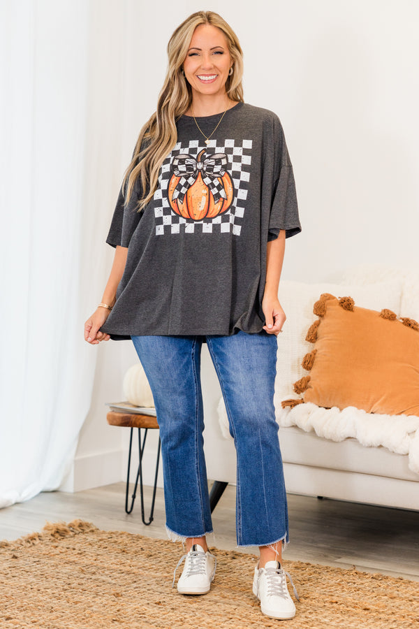 Chic Soul plus size clothing, charcoal short sleeve boyfriend tee with checkered graphic with orange pumpkin with checkered bow detail
