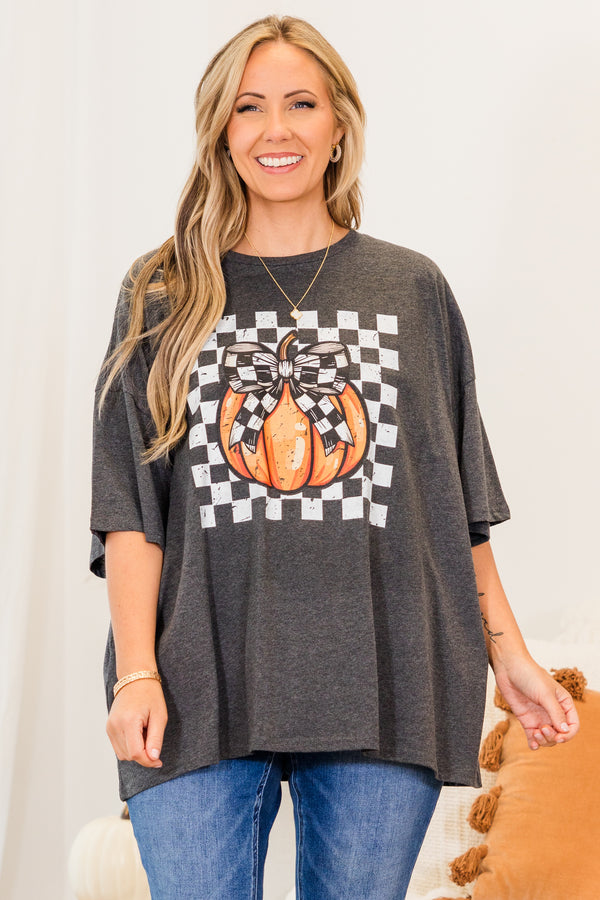 Chic Soul plus size clothing, charcoal short sleeve boyfriend tee with checkered graphic with orange pumpkin with checkered bow detail

